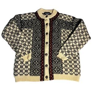 Dale of Norway Womens 100% Wool Button Up Sweater White Grey Size Large 44 Hygge